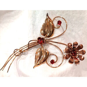 VTG 1940's Red Rhinestone Floral Large Brooch 1/20th 10K GF Silver Scarf Pin